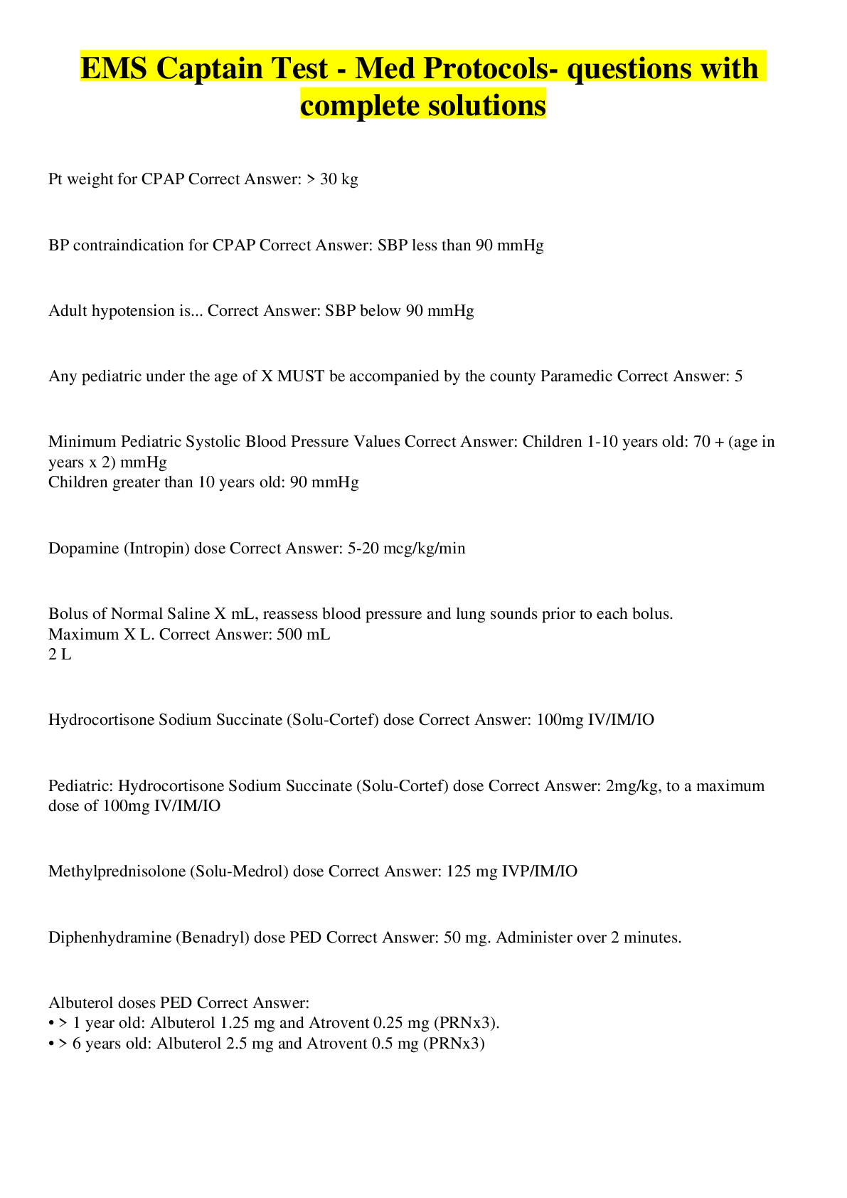 Preview image for EMS Captain Test - Med Protocols- questions with complete solutions